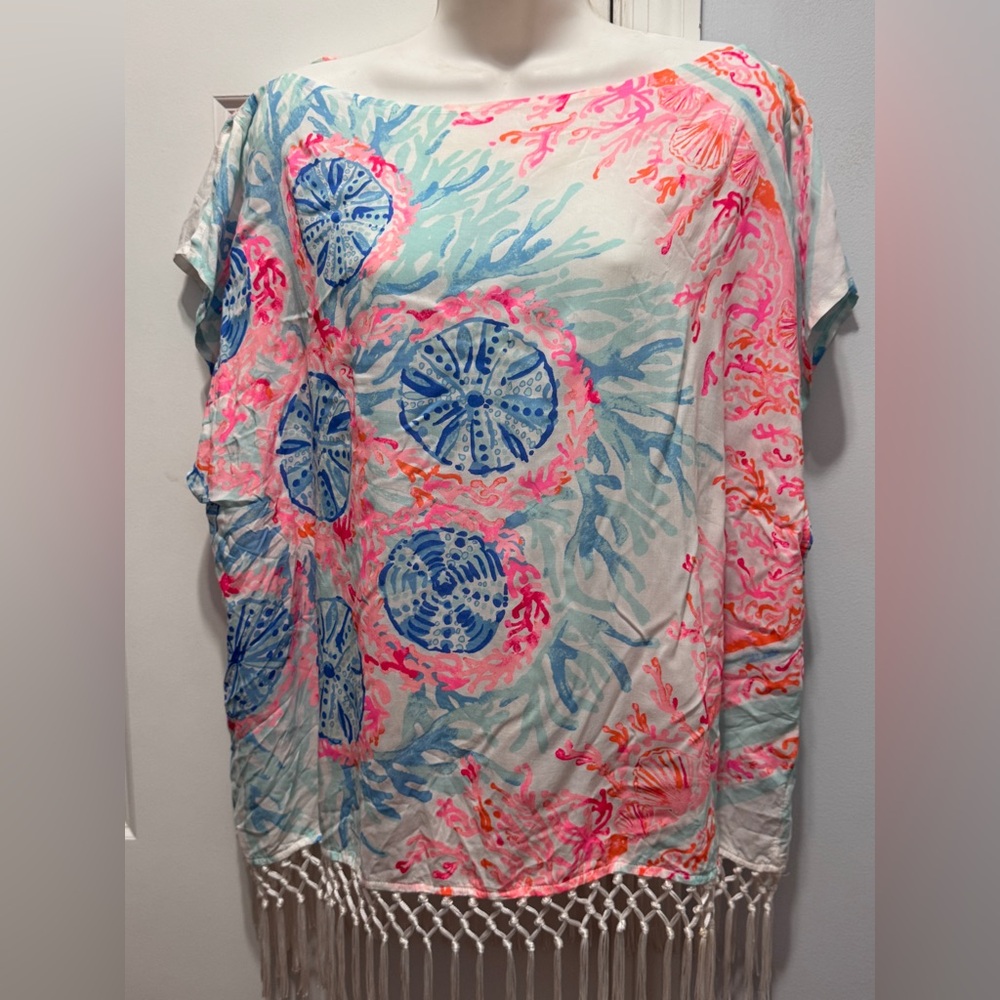 Lilly Pulitzer caftan Pink and Blue fringed top size m/ l